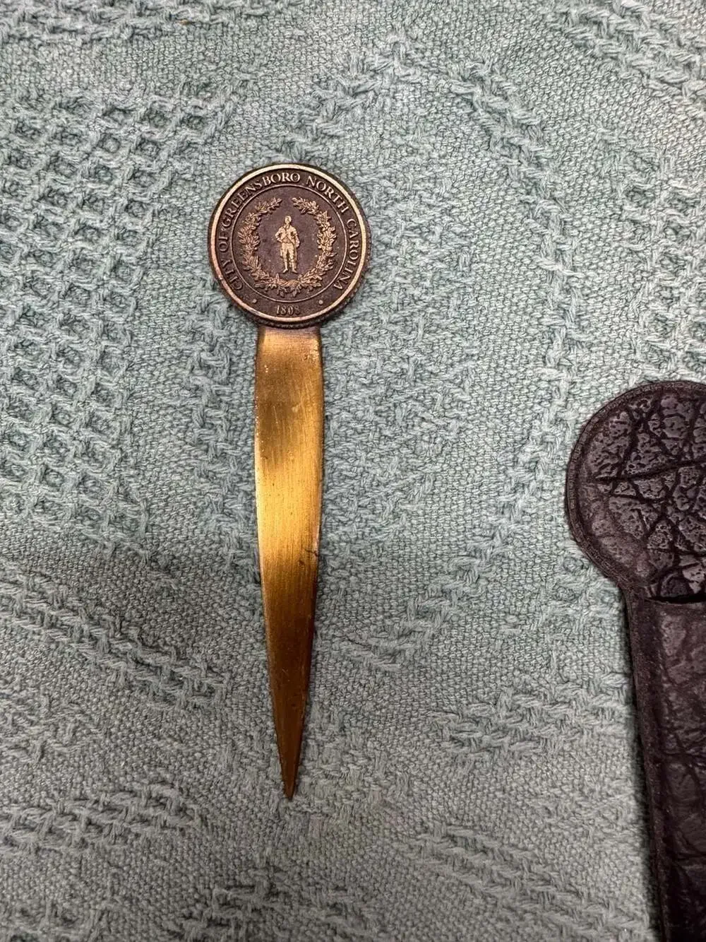 Vintage Brass City of Greensboro North Carolina 1808 Letter Opener with Leather